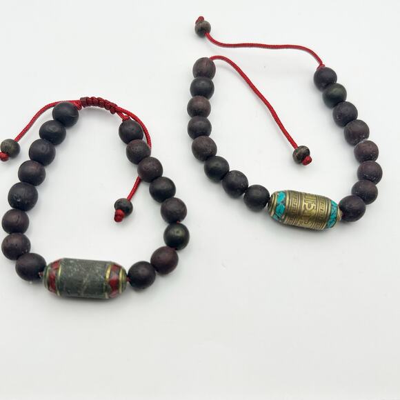 Tibetan Prayer Bead Bracelets Set of 2 Casual Boho Jewlery Brown Brass Red Blue - Picture 8 of 8